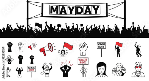 Mayday Protest Silhouette Crowd with Activist Icons