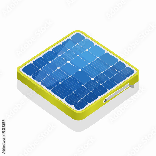 Compact isometric solar panel illustration, a portable renewable energy device for sustainable power generation, eco-friendly charging solutions, and outdoor use