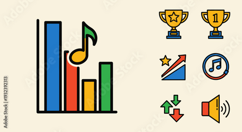 Music Chart Success Icons: Bar Graph, Trophies, Growth, Notes
