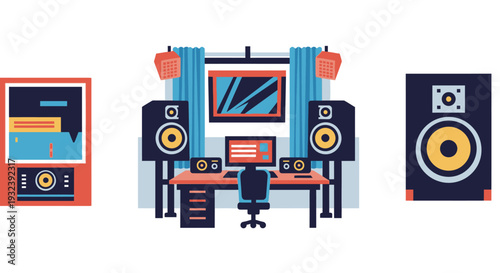 Modern Sound Studio Setup with Speakers, Computer, and Monitor