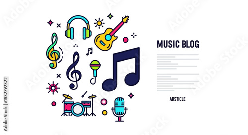 Music Elements Collection: Guitar, Drums, Headphones, Notes, Microphone