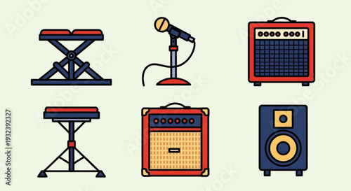 Music Equipment Icons: Keyboard Stands, Microphone, Amplifiers, Speaker
