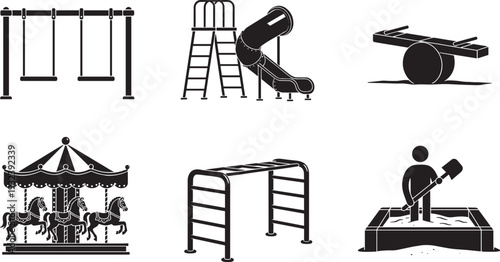 Children Playground Equipment Silhouette Vector Set, Swing Slide Seesaw Carousel Sandbox Icons Illustration