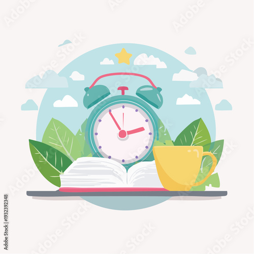 Charming illustration depicting a peaceful morning routine with an alarm clock, an open book, and a comforting beverage, symbolizing education, study, and a refreshing start to the day