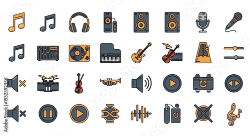 Music Icons Set: Instruments, Audio Equipment, Notes, Controls