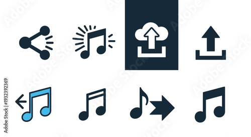 Music Icons: Share, Upload, Download, Play, Notes, Sound
