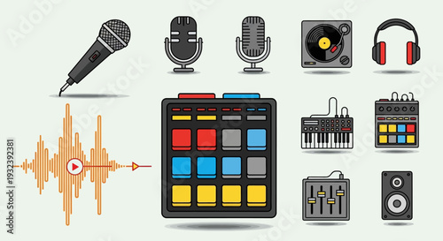 Music Production Icons: Microphones, DJ Turntable, Mixer, Synthesizer, Headphones