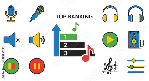 Music Ranking and Audio Icons Set: Top 3, Mic, Headphones, Speaker, Notes