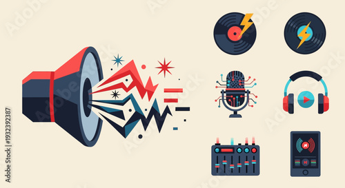 Music Production Icons: Speaker, Vinyl, Microphone, Headphones, Mixer, Tablet