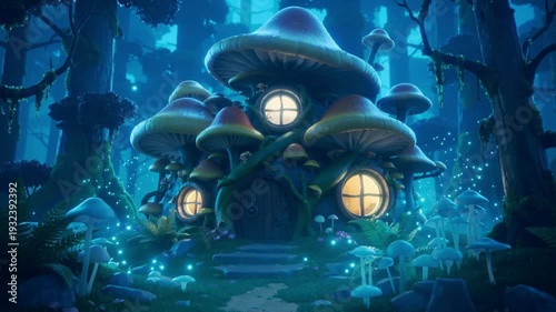 Magical Mushroom House in Enchanted Forest with Glowing Lights and Fantasy Atmosphere