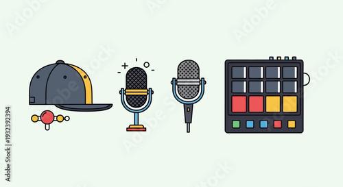 Music Production Icons: Baseball Cap, Microphones, Drum Pad, Sound Waves