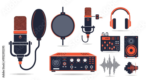 Music Recording Studio Equipment Icons: Microphones, Mixer, Headphones, Speakers