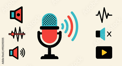 Podcast Microphone Icon with Sound Waves and Audio Symbols