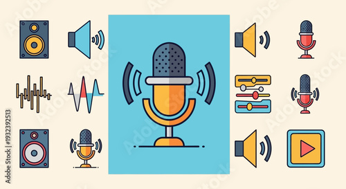 Podcast Microphone, Speakers, Sound Waves, Audio Equipment Icons