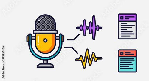 Podcast Microphone, Sound Waves, and Documents Icon Set