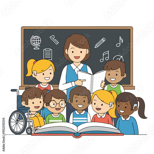 A teacher reads to a group of children of diverse backgrounds