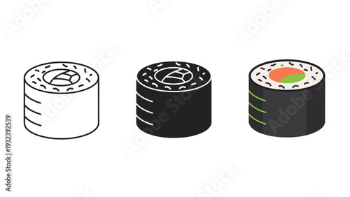 Three sushi rolls with different fillings and appearances Vector
