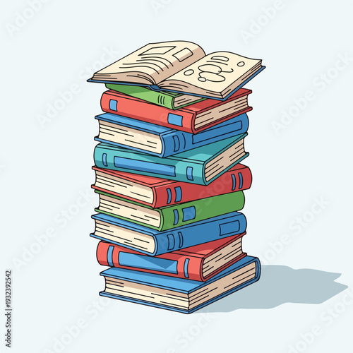 A tall, colorful stack of books with one open at the top