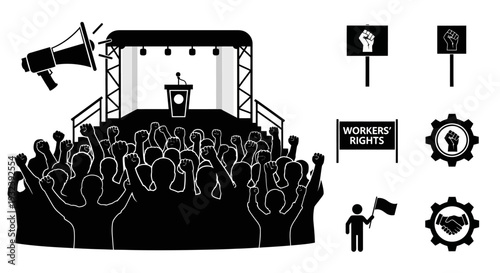 Protest Crowd, Megaphone, Stage, Signs, Fist Symbol, Workers Rights