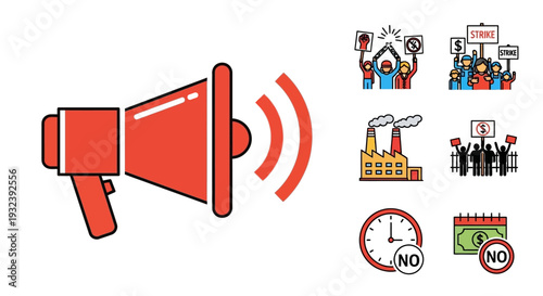 Protest Icons: Megaphone, Strike, Factory, Calendar, Clock, Money