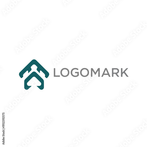 A teal and gray upward-pointing arrow with the word "LOGOMARK" next to it