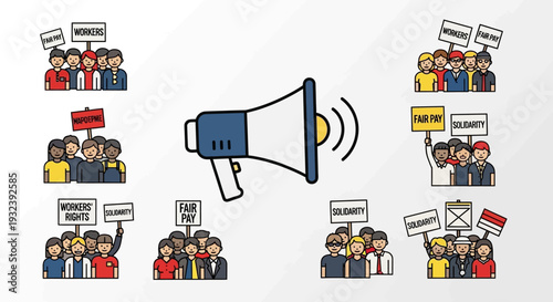Protest, demonstration, rally, strike, megaphone, workers, social issues, activism