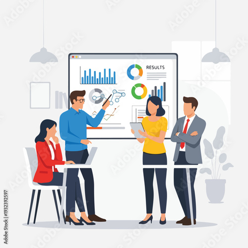 A team analyzes business results, displayed on a screen in an office setting