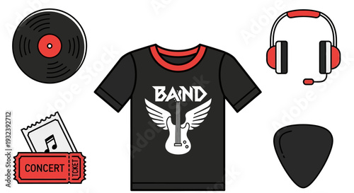 Rock Band Music Icons: Guitar T-Shirt, Vinyl, Tickets, Headphones, Pick