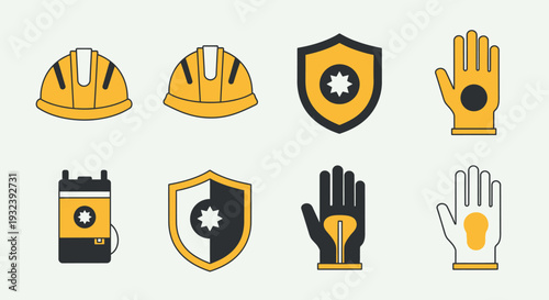 Safety Equipment Icons: Hard Hat, Gloves, Shield, Protective Gear Set