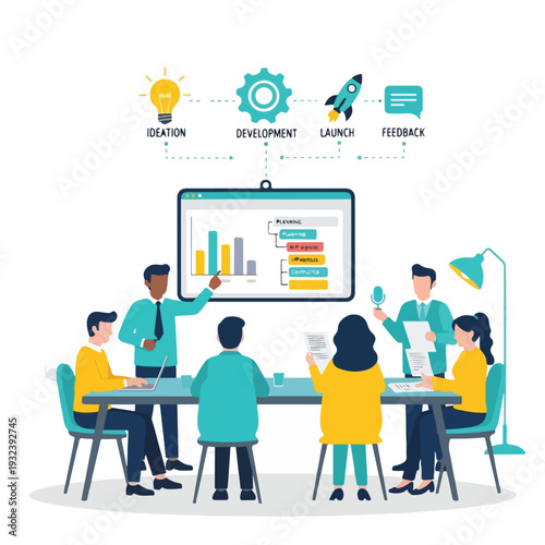 A team brainstorms ideas, presenting data, developing plans, and getting feedback