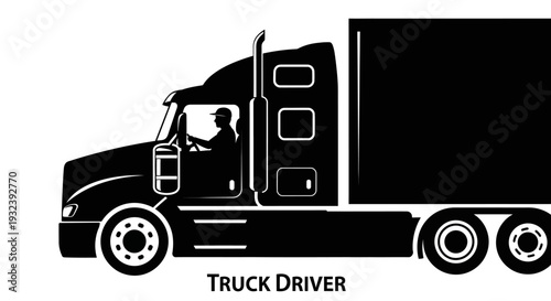 Silhouette of a Truck Driver in a Semi-Trailer Truck Cab on White Background