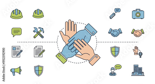 Teamwork concept with hands united and business icons