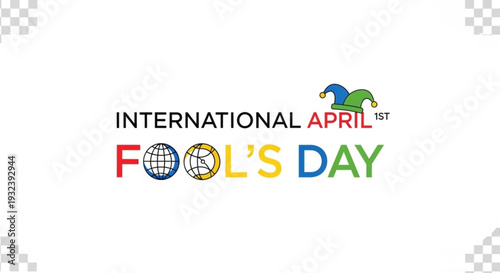 International april fools day colorful logo with jester hat and globe on white background