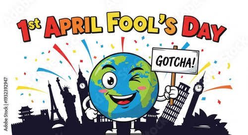 Smiling earth mascot holding 'gotcha' sign on april fools' day with city skyline and confetti