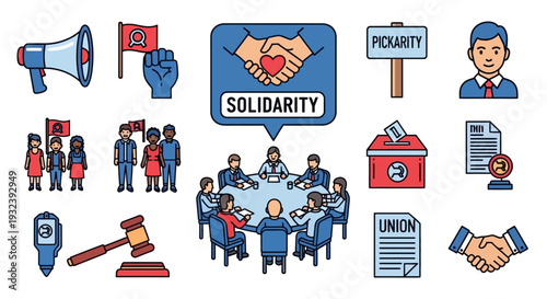 Vector Icons: Solidarity, Union, Voting, Protest, Meeting, Law