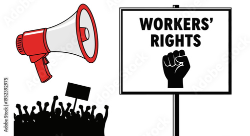 Workers Rights Protest - Megaphone, Fist Symbol, Protestors Silhouette, Signboard