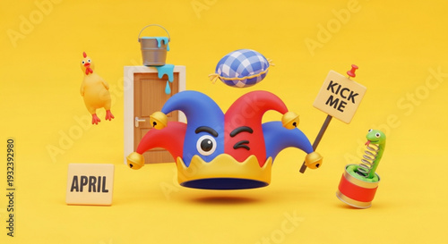 Colorful jester hat with toys and signs on yellow background for april fools' day celebration