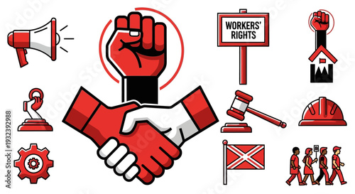 Workers Rights Symbolism: Fist, Shaking Hands, Gavel, Megaphone, Protest Icons