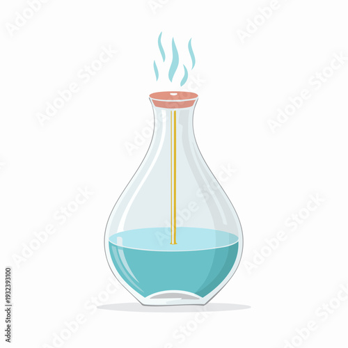 Elegant glass diffuser bottle releasing soothing aromatic vapor, symbolizing relaxation and a serene atmosphere through natural scents, promoting a sense of well-being