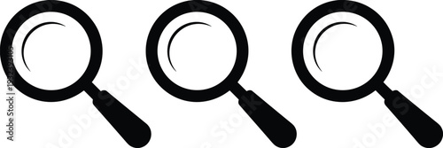 Black magnifying glass icons set isolated on white background for search, discovery, investigation, lens, optical, zoom, research, and analysis design