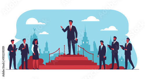 Business Leader Speaking to Team on Red Carpet Stage with City Skyline