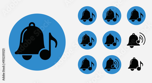 Bell and Music Note Icons: Notification Alert, Sound Reminder, and Alert Symbol Set