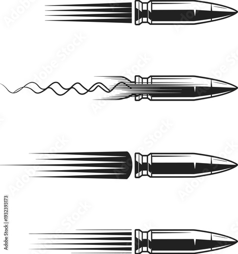 Black and white vector illustration of flying bullets with speed motion trails and smoke isolated on white background for design