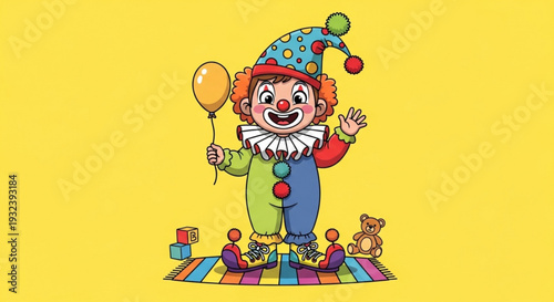 Cheerful cartoon clown standing on colorful striped rug with balloon and teddy bear vibrant background playful atmosphere bright clothing and festive hat
