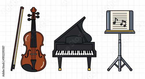 Classical Music Instruments: Violin, Grand Piano, and Music Stand