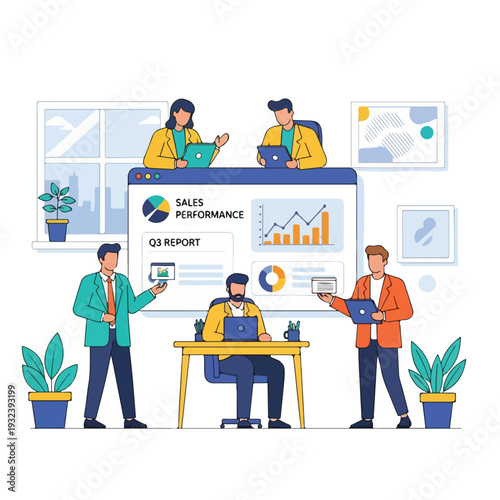 A team is reviewing sales data, presenting and analyzing reports