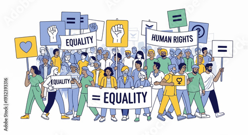 Diverse crowd protesting for equality and human rights with signs