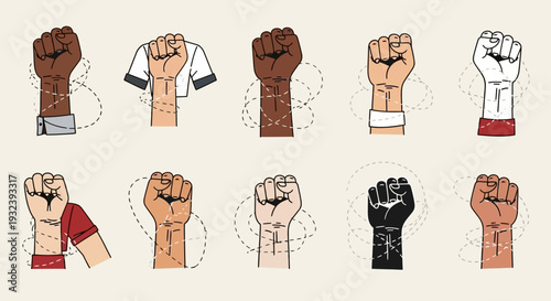 Diverse Fists Raised in Unity and Protest