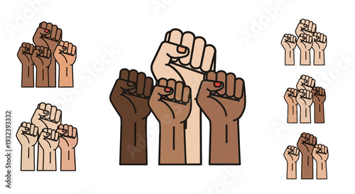 Diverse Hands Raised Fist Symbolizing Unity, Strength and Equality