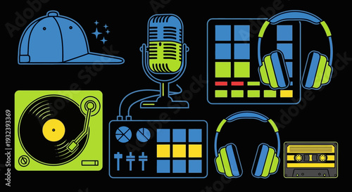 DJ Equipment, Music Production, Hip Hop Culture Vector Icons